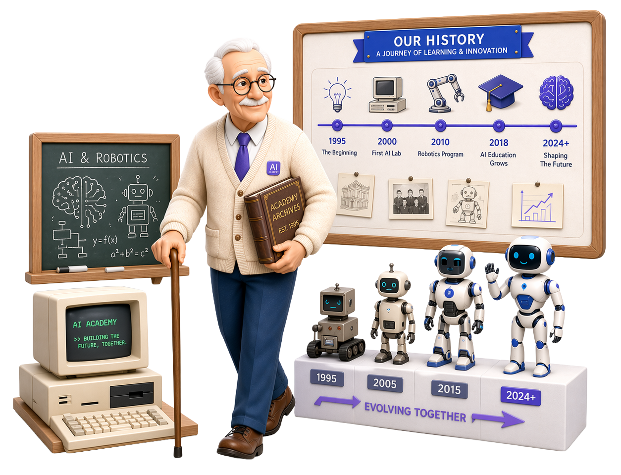 Ilustración de la historia, el aprendizaje y la innovación en The AI Academy